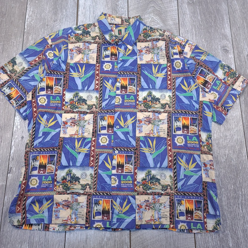 Tori Richard Hawaiian Shirt Mens 2XL Blue Rotary International 2008 LA Cotton